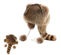 Winter Cute Raccoon Plush Hats - Faux Fur Raccoon Hat with Tail, Keep Ears Warm, Adjustable Fit for Adults & Kids (2-8 Years)