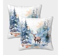 Winter Deer Scene-Watercolor Forest Art Federe Cuscini Per Divano Decorative Available All Seasons Fodere Per Cuscini Confezione Da 2 Poliestere Per Divani Giardino 45x45cm