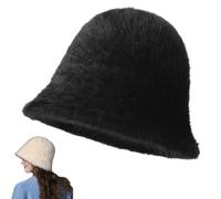 Winter Faux Fur Bucket Hat,Women's Warm Fuzzy Fisherman cap,Comfort Soft Fluffy Plush Thickened Beanie cap for Outdoor (Black)