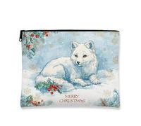 Winter Fox, borsa per cosmetici con scritta "Merry Christmas", per donne, piccola borsa portatile in tela con cerniera, per feste stagionali, bianco, 7x9 Inch, Volpe