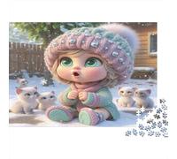 Winter Girl Kittens Jigsaw for Adults Educational: Girl with White Kittens 1000 Piece Games for Home Decor 52x38cm/1000pcs