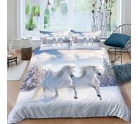 Winter HorsesSet Di Copripiumino microfibra morbida 3 Pezzi stampa 3D con cerniera Wild Nature copripiumino con federa traspirante ultra morbido e traspirante for bambini Super king（260x220cm）