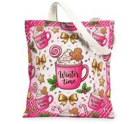 Winter Hot Cocoa Gingerbread Quote Biscuit Canvas Tote Bag 33x38,1 cm | Fiocchi dorati, bastoncini di zucchero, tazze di panna montata, calore stagionale, atmosfera accogliente