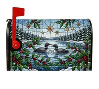 Winter Lake Loons - Coperture magnetiche per cassetta postale in vetro | Arte in vetro colorato, copertura per cassetta postale, scena del lago invernale, bacche di agrifoglio