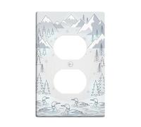 Winter Mountain Loon Scene Loons Duplex Outlet Cover Piastra | Paesaggio di montagna, foresta di pini, lago sereno, arredamento rustico della cabina, arte della parete a tema naturale