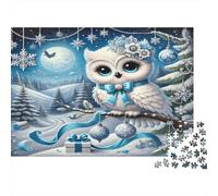 Winter Owl Christmas 1000 Pieces for Adults & Kids: Owl with Blue Bow Educational Games Home Decor Puzzle for Family 52x38cm/1000pcs