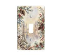 Winter Paris Landmark Theme Paris Tower Christmas Toggle Switch Plate | Rami di pino innevato, bacche di agrifoglio rosso, pigne, architettura della città francese, accenti stagionali delle pareti