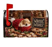 Winter Puppy Gingerbread Holiday Citazione magnetica per cassetta postale | Accogliente struttura lavorata a maglia, copertura per cassetta delle lettere, sfondo del camino, accenti di pan di zenzero