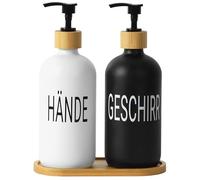 Winter Shore 2 Dispenser Vetro, 500 ml, 7,5 x 21,5 cm | Bianco e Nero per Mani e Piatti, Pompa e Vaschetta Bambù