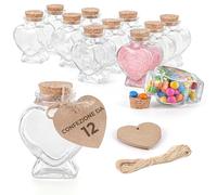 Winter Shore Boccette Vetro Tappo Sughero Cuore da 70 ml con Etichette e Cordoncini - Set da 12 Bottiglie Particolari per Messaggi e Bricolage