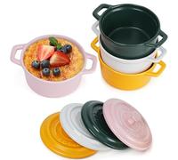Winter Shore Mini Cocotte di Porcellana con Coperchio e Manici da 270 ml [4 Pezzi] - Coppette Porcellana Impilabili per Soufflé e Cottura al Forno - Per Microonde, Freezer, Lavastoviglie - 4 Colori