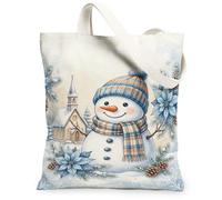 Winter Snow Man Church Scene Christmas Canvas Tote Bag 33x38,1 cm | Sciarpa scozzese blu, accenti di stella di Natale, illustrazione della chiesa innevata, estetica domestica stagionale