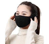 Winter Warm Windproof Mask with Fluffy Ear Covers - Thick Dustproof Breathable Mouth Cover Half Face Earflaps, for Men Women (Black)