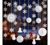 Winter Wonderland - Set di 15 decorazioni natalizie a forma di fiocco di neve, in carta bianca, 1,95 m di lunghezza, da appendere, a nido d'ape, pupazzo di neve e fiocchi di neve, per decorazioni per