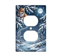 Winter Woodland Foxes Scene Duplex Outlet Plate | Scena della fauna selvatica della foresta, paesaggio della luna piena, rami di pino innevati, estetica serena del bosco