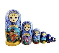 Winterworm Set 7 Pezzi Fiaba Blu Oro Glazed Bambola Bambino Giocattolo Impilabile In Legno Tradizionale Russo Nesting Bambole Handmade Matrioshka Bambola Bambini Giocattolo Souvenir
