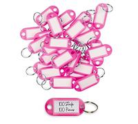 WINTEX Portachiavi con Targhette - 100 Porta Chiavi in Plastica Resistente - Etichette per Chiavi Colorate - per Organizzazione Viaggi Animali Domestici - Rosa