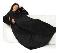 Winthome Coperta con Maniche - Coperta Pile Morbida e Calda, Plaid con Maniche con Velcro, Coperta Indossabile per Regalo Natalizio Donna Uomo, Risparmia Costi di Riscaldamento (Nero, 140x180cm)