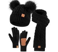 Winuesa Set di cappello, sciarpa e guanti da donna, berretto invernale da donna con pompon foderato in pile, cappello con pompon e guanti touchscreen, sciarpa da donna, scaldacollo, set 3 in 1 per il