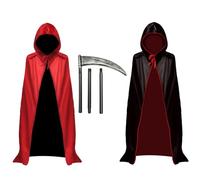 WINUSD Costume da diavolo e accessori per falce da mietitore, mantello reversibile con cappuccio per Halloween, mantello reversibile per adulti, mantello da diavolo nero e rosso, arma da falce