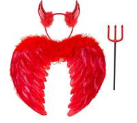 Winwild 3pcs Ali d'Angelo Rosso con Corna del Diavolo e Bacchetta Magica, Amore Ali d'Angelo Bambini Costume Piuma Ali Angelo Scuro Costume Bambini Halloween Carnevale Cosplay Accessori (45CM×35CM)