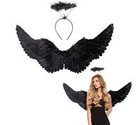 Winwild 75CM Ali d'Angelo Nero con Aureola Ali d'Angelo Adulto Donna Angelo Diavolo Fate Costume Accessori per Halloween Carnevale Cosplay Party Carnevale Travestimento