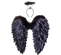 Winwild Ali d'Angelo con Aureola, Costume di Ali d'Angelo e di Diavolo per Donne e Ragazze Bambini per Halloween Carnevale Cosplay Festa in Maschera Travestimento (Nero, 45 x 45 cm)