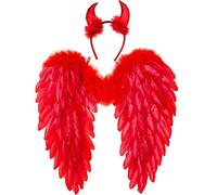 Winwild Ali d'Angelo con Corna da Diavolo, Costume da Angelo Caduto e Ali da Diavolo per Donne e Ragazze Bambini per Halloween Carnevale Cosplay Party Travestimento in Maschera (Rosso, 45 x 45 cm)