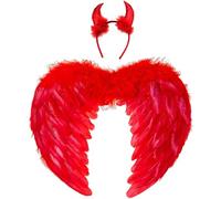 Winwild Ali d'Angelo Rosso con Le Corna del Diavolo Amore Ali d'Angelo Bambini Angelo Costume Ali di Piume Angelo Scuro Costume Bambini Halloween Carnevale Cosplay Accessori (45CM×35CM)