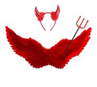 Winwild Ali d'Angelo Rosso Grande con Corna del Diavolo e Set di Bacchette magiche, 105 cm Ali d'Angelo Adulto Diavolo Fata Accessori per Halloween Carnevale Cosplay Party Fasching Travestimento