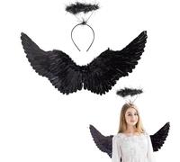 Winwild Bambini Ali d'Angelo Nero con Aureola Ali d'Angelo 60CM Angelo Diavolo Fate Costume Accessori per Halloween Carnevale Cosplay Party Carnevale Travestimento