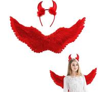 Winwild Bambini Ali d'Angelo Rosso con Corna di Diavolo Ali d'Angelo 60CM Angelo Diavolo Fairies Costume Accessori per Halloween Carnevale Cosplay Party Fancy Dress