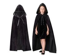 Winwild - Mantello nero da bambini con cappuccio, 100 cm, in velluto, per Halloween, ragazza, giovani, vampiro, mantello da strega, unisex, per medievale, carnevale, cosplay
