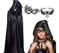 Winwild Set 3 mantelli Halloween,Mantello Nero da 160 cm con Cappuccio Maschera e Collana,Costume da Vampiro per Halloween,Mantello in Raso per Feste in Maschera Carnevale