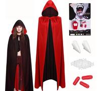 Winwild Set Costume da Vampiro per Halloween, Mantello con Cappuccio, Denti da Vampiro e Sangue Finto, Mantello da Vampire Nero e Rosso, Costume da Vampire da Donna, mantelloi da vampirn da Bambino