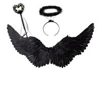 Winwild Set di 3 Ali d'Angelo Nere con Aureola e Bacchetta, 75 cm Ali Nere Angelo Diavolo Costume Donna Accessori per Halloween Carnevale Cosplay Party Fasching Travestimento Adulti