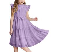 WINWUQB - Abito estivo per ragazze, a maniche corte, con volant, casual, linea A, per la scuola dai 4 ai 12 anni, elegante abito per bambine, Viola, 10-11 Anni