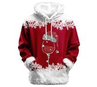 WINWUQB - Felpa con cappuccio natalizia da uomo, divertente, unisex, per adulti, con grafica a calice di vino rosso, stile casual, con finiture sfocate, Rosso, S