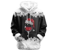 WINWUQB - Felpa con cappuccio natalizia da uomo, divertente, unisex, per adulti, con grafica a calice di vino rosso, stile casual, con finiture sfocate, Nero , L