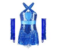 winying Abito da danza per bambini, per ragazze, jazz, set da ballo, gonna latina, moderno, jazz, latino, travestimento standard con guanti, Blu, 158 cm-164 cm