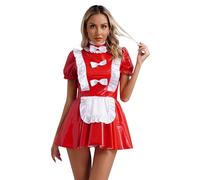 winying Abito da donna, effetto bagnato, da cameriera, a maniche corte, grembiule francese, vestito da cameriera, Lolita, caldo, costume da cosplay, uniforme, feste, carnevale, lingerie rossa, S