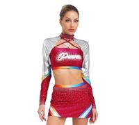 winying Costume da cheer leader, da donna, a maniche lunghe, lucido, con gonna da ballo, set da due pezzi, per carnevale, feste, bordeaux, XL