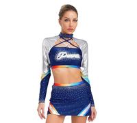winying Costume da cheer leader, da donna, a maniche lunghe, lucido, con gonna da ballo, set da due pezzi, per carnevale, feste, blu navy, XL