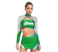 winying Costume da cheer leader, da donna, a maniche lunghe, lucido, con gonna da ballo, set da due pezzi, per carnevale, feste, verde, L