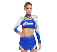 winying Costume da cheer leader, da donna, a maniche lunghe, lucido, con gonna da ballo, set da due pezzi, per carnevale, blu reale, XXL
