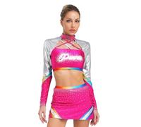 winying Costume da cheer leader, da donna, a maniche lunghe, lucido, con gonna da ballo, set da due pezzi, per carnevale, colore rosa, L