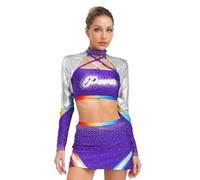winying Costume da cheer leader, da donna, a maniche lunghe, lucido, con gonna da ballo, set da due pezzi, per carnevale, feste, viola, S