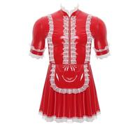 winying Costume da crossdresser, da uomo, a maniche corte, in pelle di PVC, da cameriera, erotico, da notte, rosso, XL