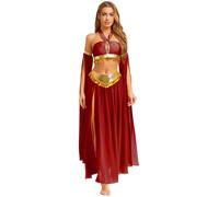 winying Costume da danza del ventre, 2 pezzi, da donna, con allacciatura al collo, top e maxi gonna, gonna da ballo, set di vestiti da ballo, bordeaux, L