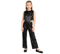 winying Costume da discoteca da bambina anni '70 anni '80, costume da ballo per bambini, per tutti i giorni, anni '70, con pailette, canottiera, pantaloni neri 122-128